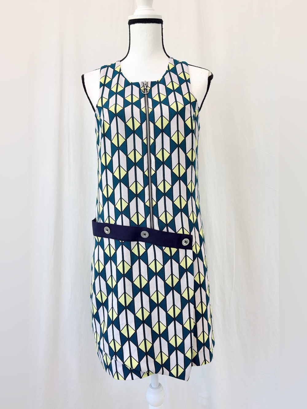 RACHEL ROY Teal Geometric Sleeveless Dress Medium Drop Waist 60’s 70’s Retro Mod